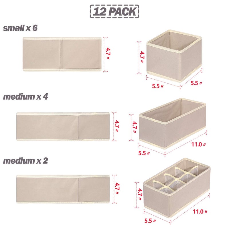 TENABORT 12 Pack Foldable Drawer Organizer Dividers Cloth Storage Box Closet Dresser Organizer Cube Fabric Containers Basket Bins for Underwear Bras Socks Panties Lingeries Nursery Baby Clothes Beige NN246 - Image 2